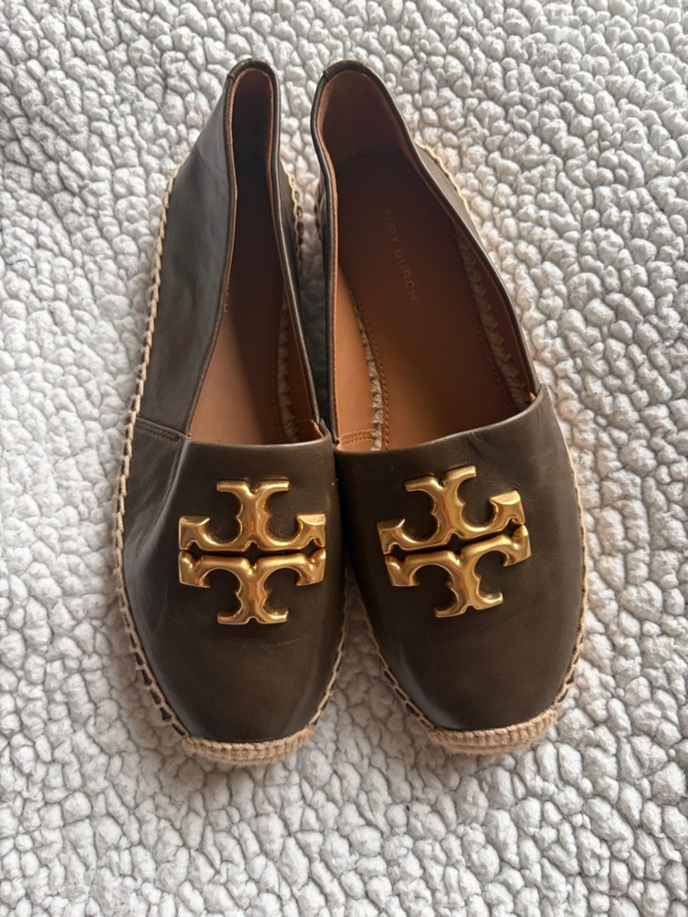 Tory Burch Olive Brown Leather Espadrille Flats with Gold Logo
